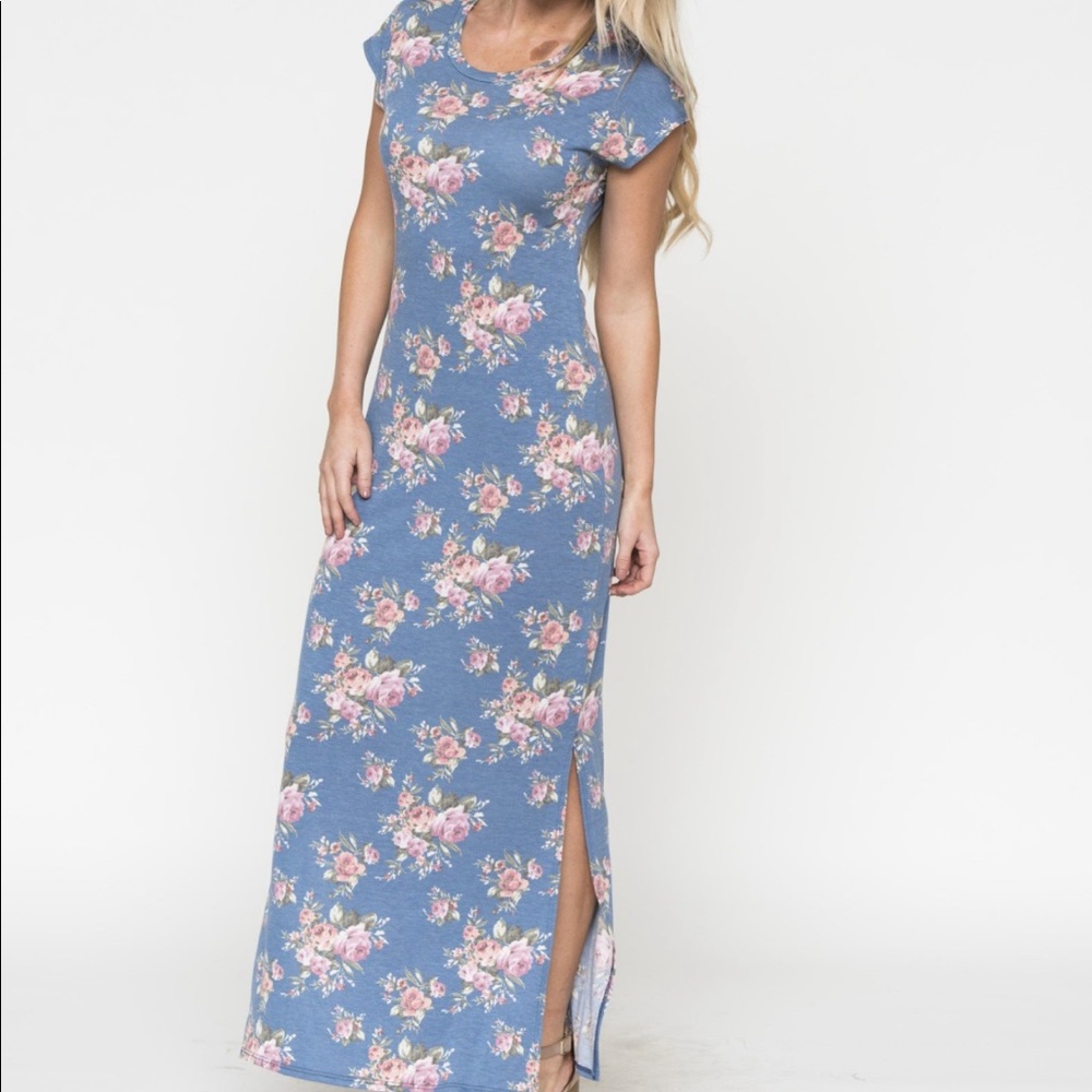 Blue Floral Side Slit Maxi Dress